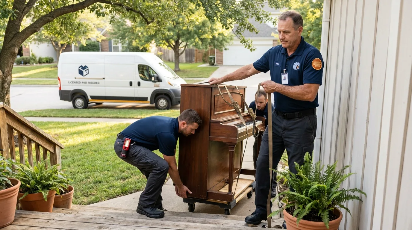 Licensed piano movers securing grand piano in Riverhead, NY