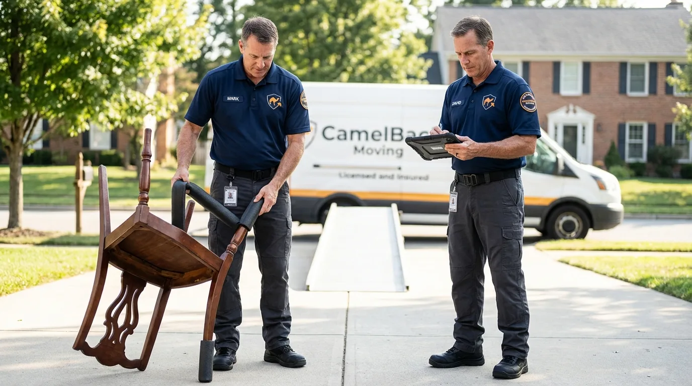 Movers inspecting furniture for damage prevention before loading in Riverhead, NY