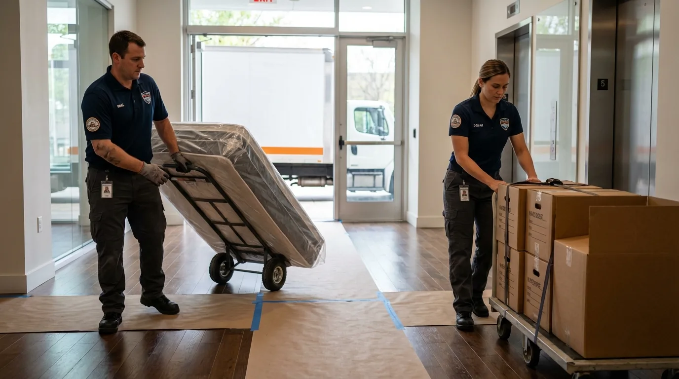 Professional apartment movers loading elevator in Riverhead, NY