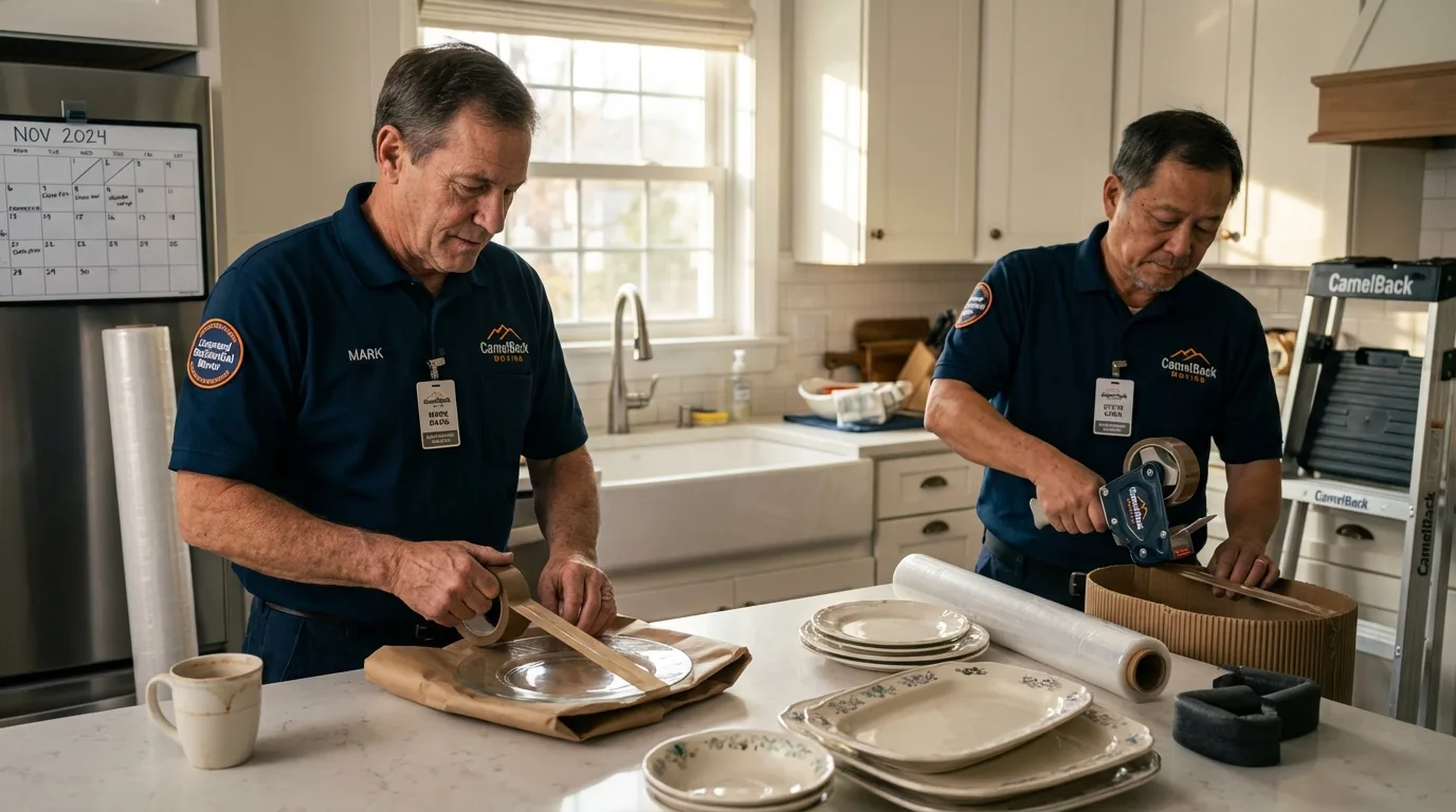 Professional crew packing kitchen dishware in Riverhead, NY